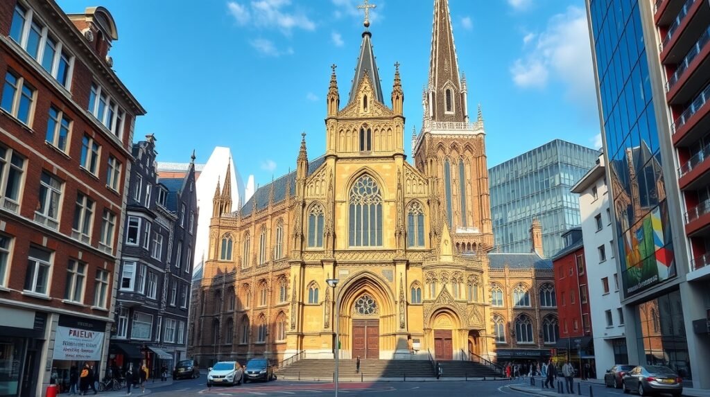 A Szent Lőrinc-templom épülete Rotterdamban, gótikus stílusban.