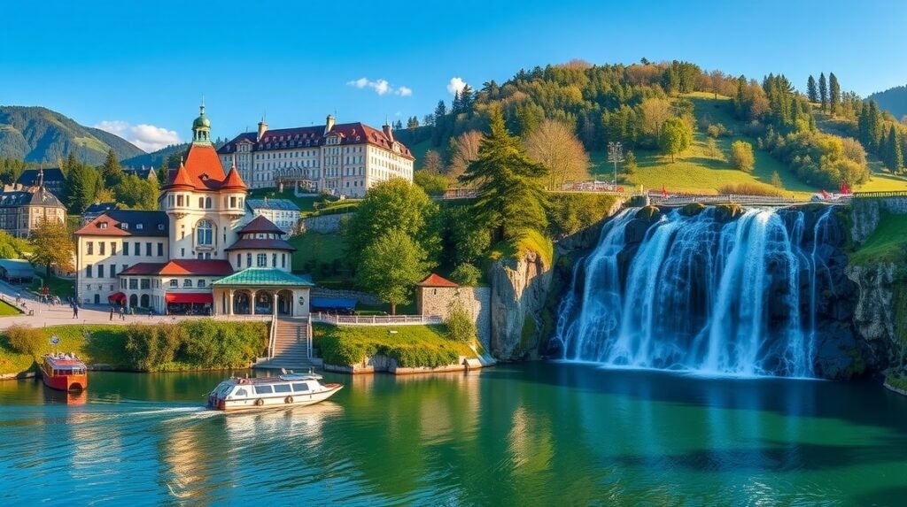 Lillafüred Csónakázótó és Palotaszálló vízeséssel a háttérben