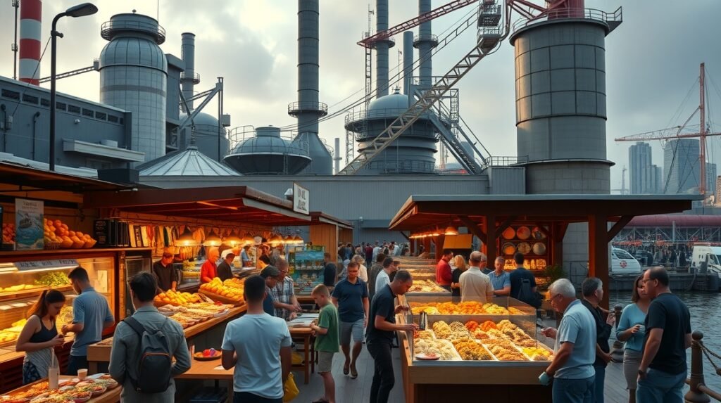 Fenix Food Factory gasztropiac Rotterdamban, friss ételek és piaci hangulat.