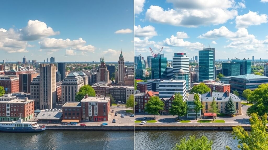 Rotterdam város panorámája napsütéses időben