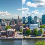 Rotterdam város panorámája napsütéses időben