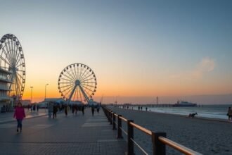 Scheveningen tengerparti séta naplementében, óriáskerék háttérrel.