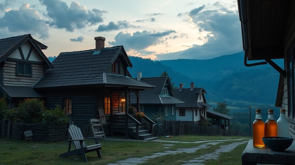 Őrségi táj, falusi házak és tökmagolaj üvegek a sunsetben.