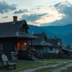 Őrségi táj, falusi házak és tökmagolaj üvegek a sunsetben.