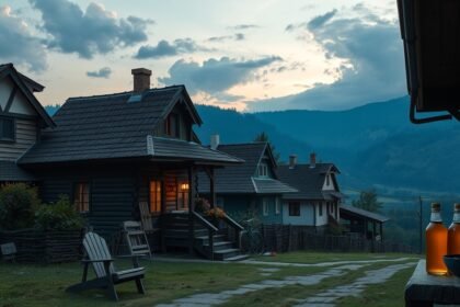 Őrségi táj, falusi házak és tökmagolaj üvegek a sunsetben.