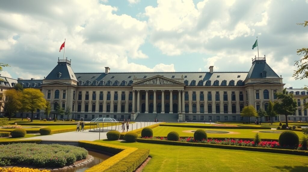 A Béke Palota épülete Hága központjában díszes kertekkel körülvéve.