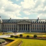 A Béke Palota épülete Hága központjában díszes kertekkel körülvéve.