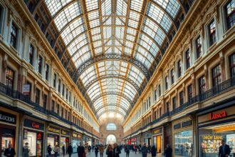 A történelmi Passage bevásárlóárkád elegáns üzletekkel és üvegkupolával.