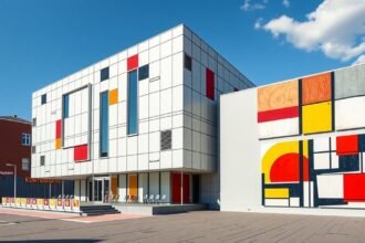 Kunstmuseum Den Haag modern épülete és Mondriaan stílusú művek