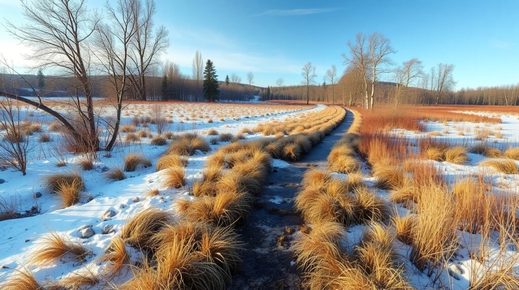 Tatai Fényes Tanösvény télen, hóval borított lápvidék és fűcsomók.
