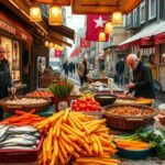 Friss nyers hering és zöldségek piaca Hágában, indonéz ízekkel.