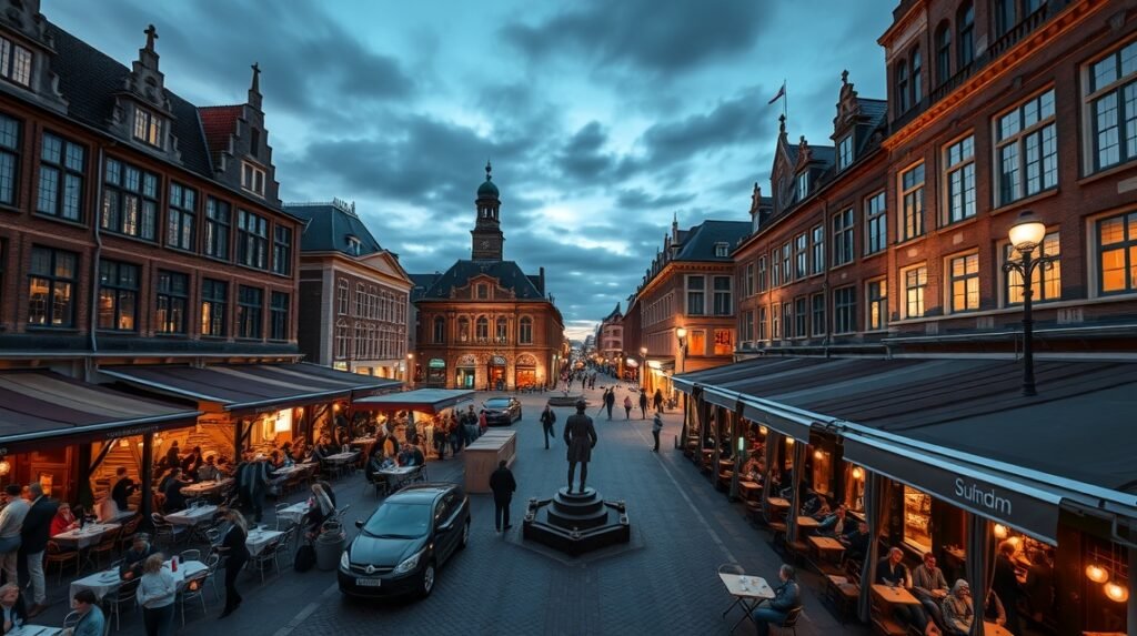 Teraszok a Plein téren és a Grote Markton éjszaka Hágában