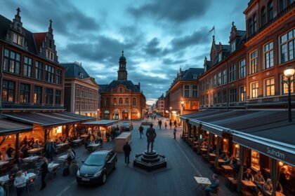 Teraszok a Plein téren és a Grote Markton éjszaka Hágában