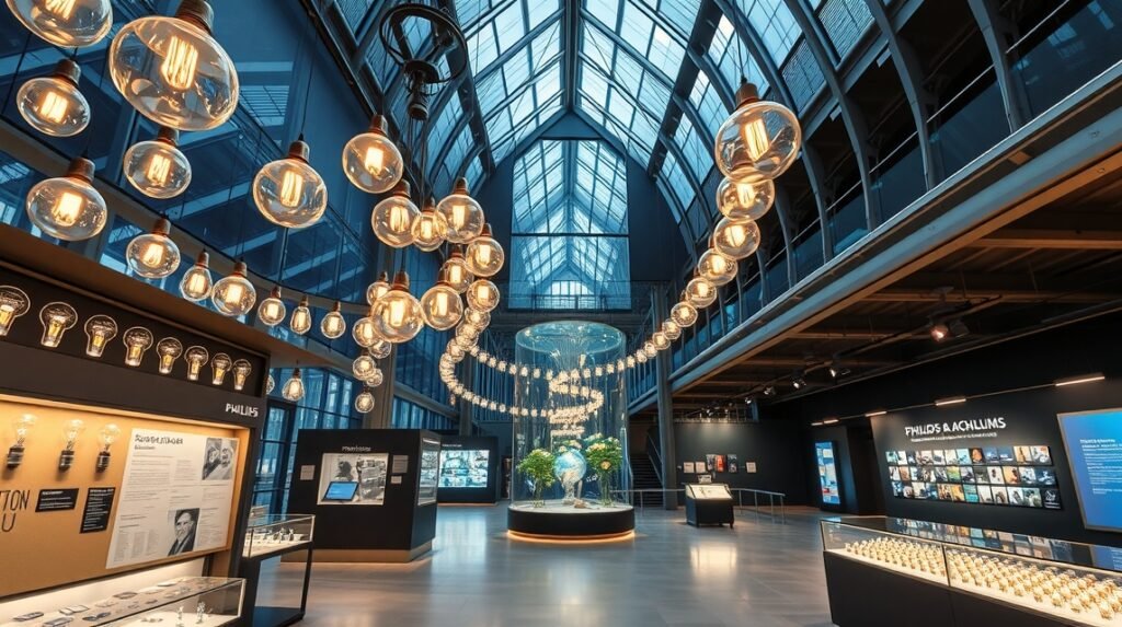 A Philips Múzeum belső tere izzókkal és interaktív kiállításokkal