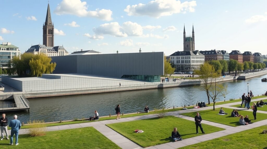 A Van Abbemuseum épülete Eindhovenban, zöld területen és vízparton.