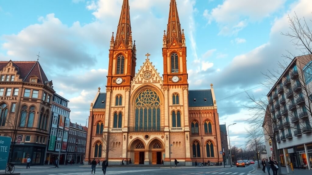 Szent Katalin-templom látképe Eindhoven városában, Hollandia.