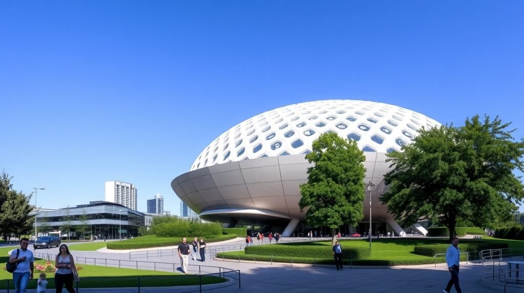 Evoluon épület Eindhovenben, UFO-szerű dizájn, futurisztikus látványosság.