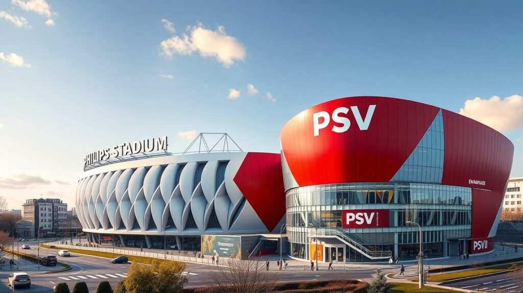 Philips Stadion és PSV Múzeum külső nézete Eindhovenben