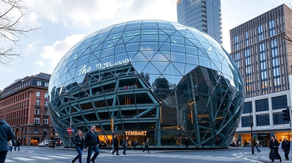 A Blob futurisztikus üvegépülete Eindhovenben, modern építészeti csoda.