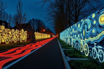 Fénylő Van Gogh-Roosegaarde kerékpárút Eindhovenben éjszaka
