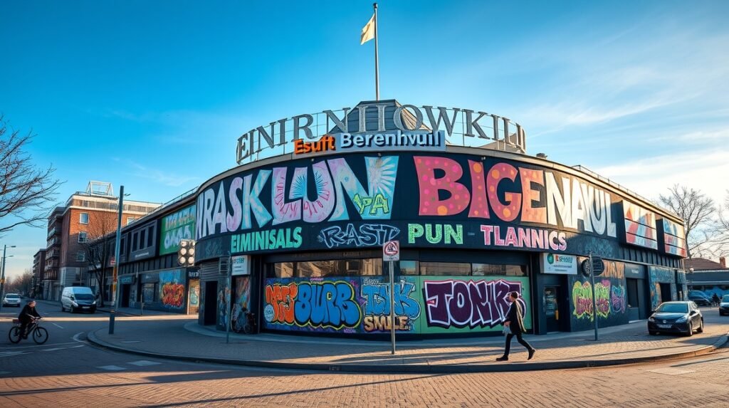 Graffiti a Berenkuil körforgalomnál Eindhovenban, élénk színekben.