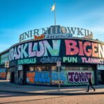 Graffiti a Berenkuil körforgalomnál Eindhovenban, élénk színekben.