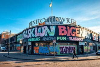 Graffiti a Berenkuil körforgalomnál Eindhovenban, élénk színekben.