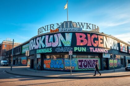 Graffiti a Berenkuil körforgalomnál Eindhovenban, élénk színekben.