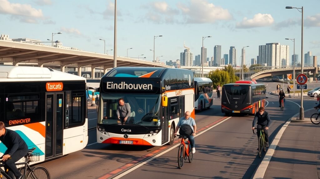 Eindhoven közlekedése: buszok és kerékpárosok az utcán