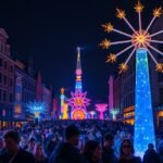 Eindhoven GLOW fényfesztivál lenyűgöző fényinstallációi éjszaka.