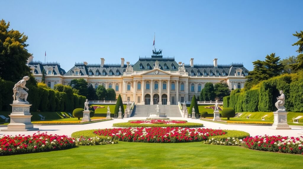 Schönbrunni kastély és a park Bécsben virágágyásokkal