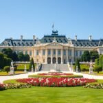 Schönbrunni kastély és a park Bécsben virágágyásokkal