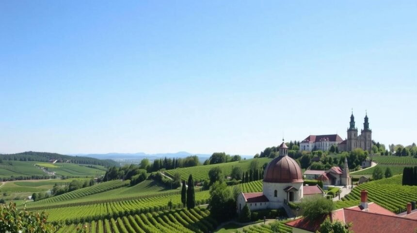 Tokaj-Hegyalja szőlőskertjei és borászatok panorámája.