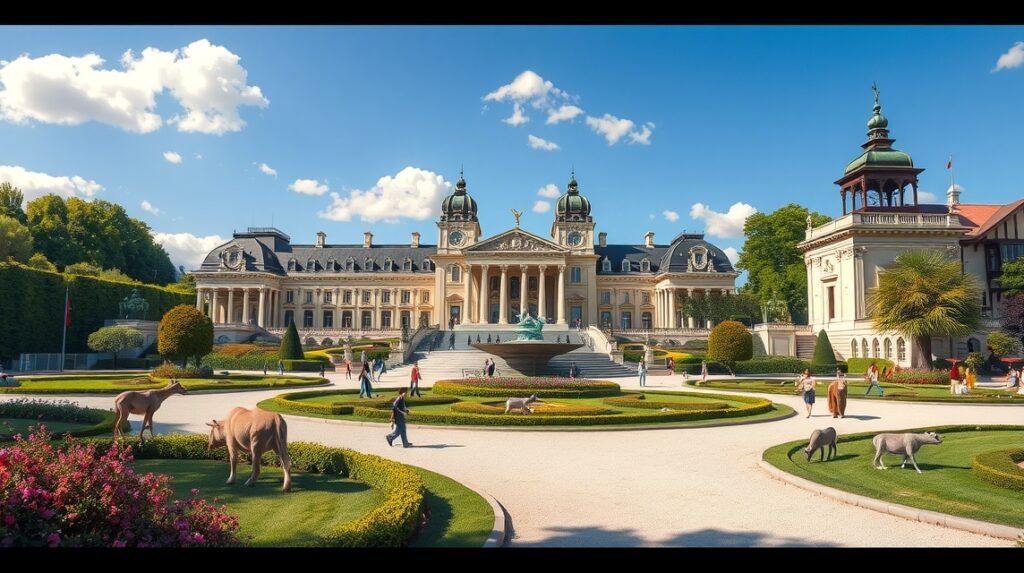 A Schönbrunni Állatkert látképe a palota hátterében, látogatók és állatokkal.