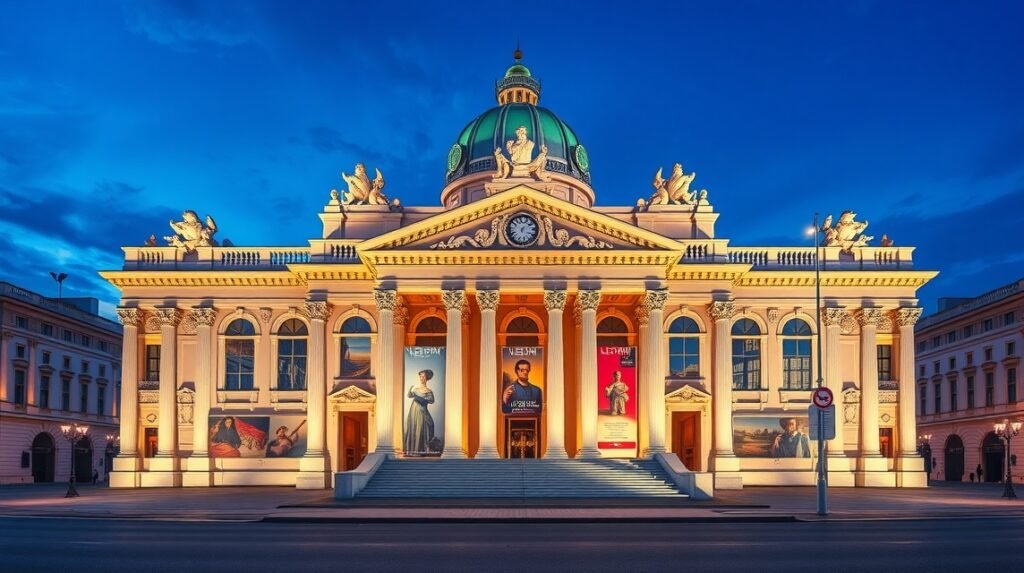 Albertina Múzeum külső látvány Bécsben, kék égbolttal