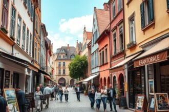 Szentendre hangulatos utcája, művészeti galériákkal és kávézókkal.