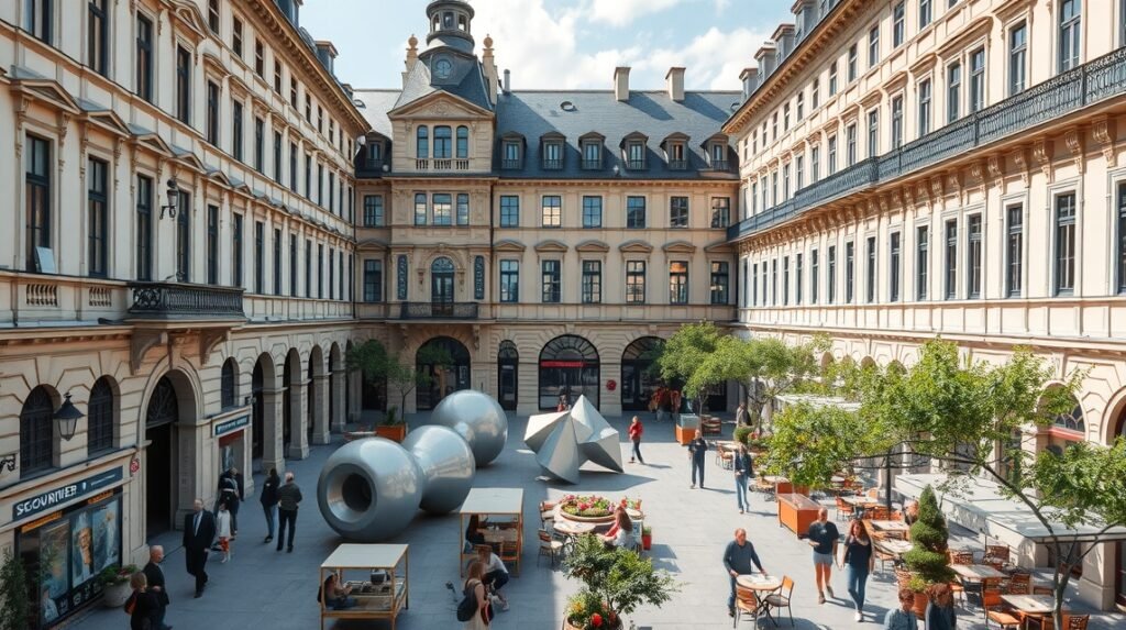 Múzeumi Negyed udvarai Bécsben modern szobrokkal és emberekkel