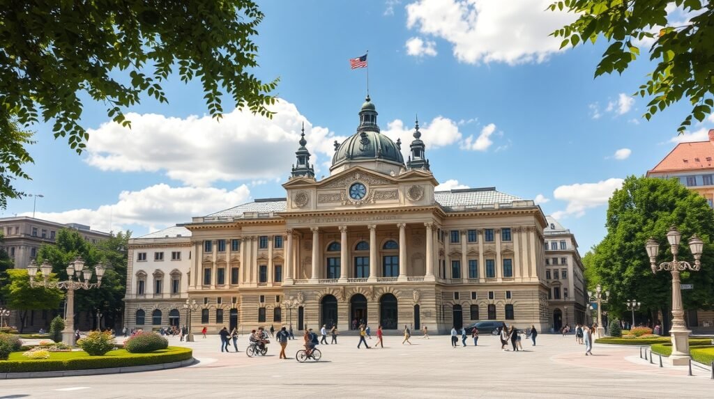 A Bécsi Városháza impozáns neo-gótikus épülete a Rathausplatzon.