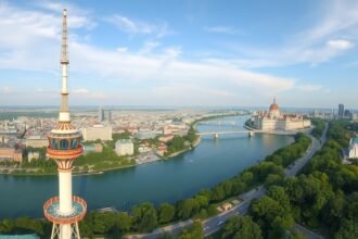 Kilátás a Duna-toronyból Bécs városára és a Dunára