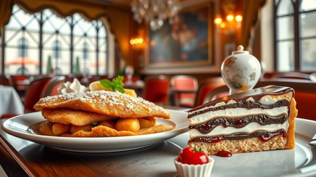 Bécsi szelet és Sacher-torta egy elegáns bécsi étteremben.