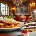 Bécsi szelet és Sacher-torta egy elegáns bécsi étteremben.