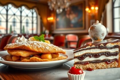 Bécsi szelet és Sacher-torta egy elegáns bécsi étteremben.