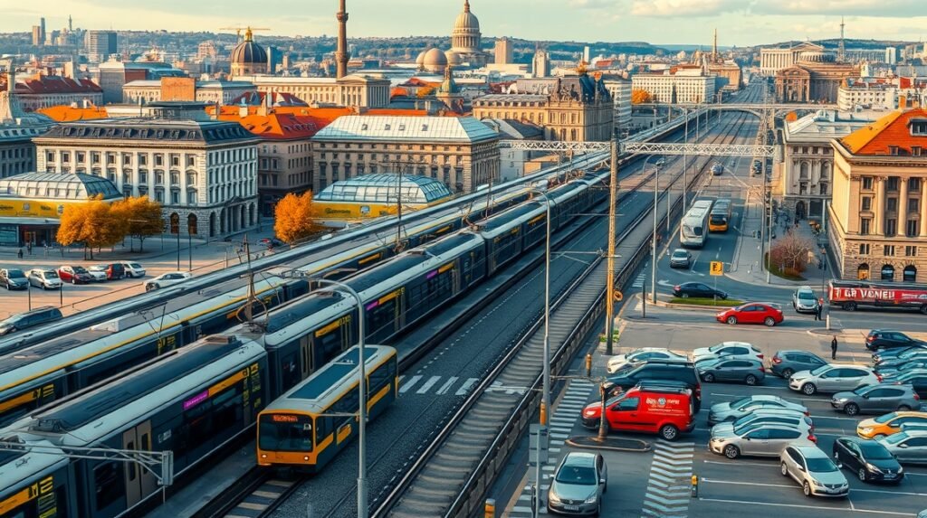 Bécs városi közlekedés, metró és parkolás egy forgalmas területen.