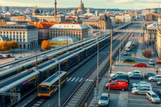 Bécs városi közlekedés, metró és parkolás egy forgalmas területen.