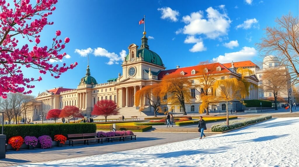 Tavaszi időjárás Bécsben, színes virágokkal és historikus épületek környezetében.