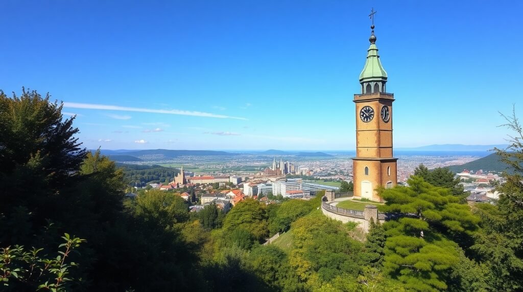 Schlossberg és az Óratorony Graz városában, gyönyörű panorámával
