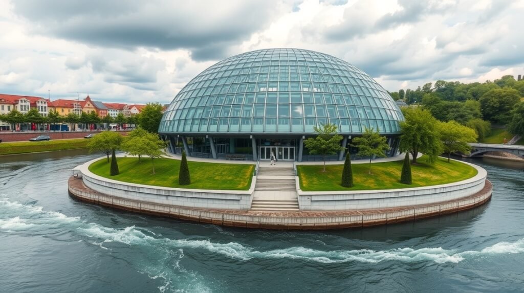 A Graz-i Murinsel futurisztikus üvegkupolája a Mura folyó mellett.