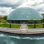 A Graz-i Murinsel futurisztikus üvegkupolája a Mura folyó mellett.