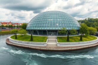 A Graz-i Murinsel futurisztikus üvegkupolája a Mura folyó mellett.