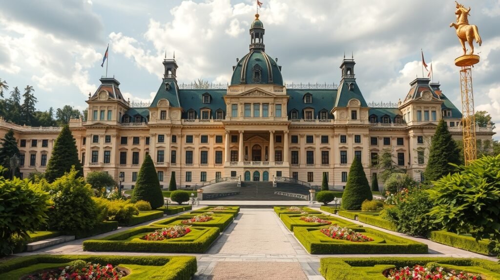 Az Eggenberg-kastély gyönyörű homlokzata Grazban.